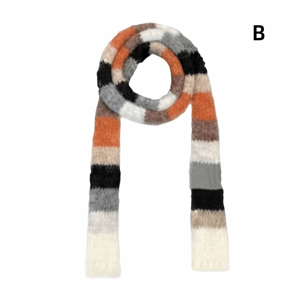 Winter Clothing Looks - Y2K-stijl, gestreepte gebreide sjaal, warme kleuren,